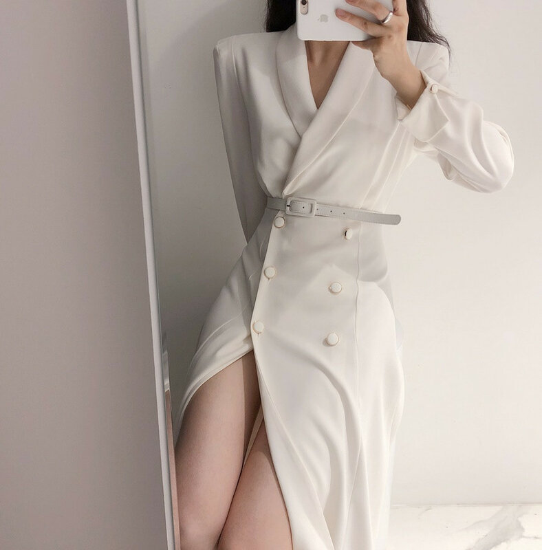 Temperamento blanco y negro con doble botonadura de encaje cortavientos francés moda estilo simple vestido profesional de oficina para mujer