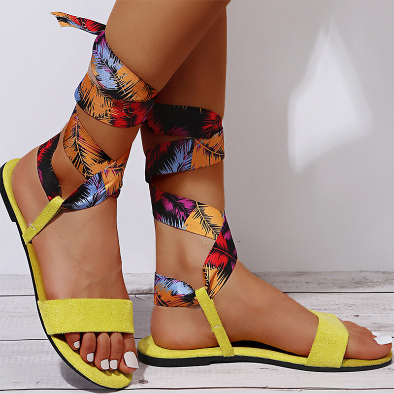 Women Bandage Sandals Female Gladiator Print Summer Beach Flats Ladies Casual Cross Tied New Shoes Woman Suede Round Head Bottom