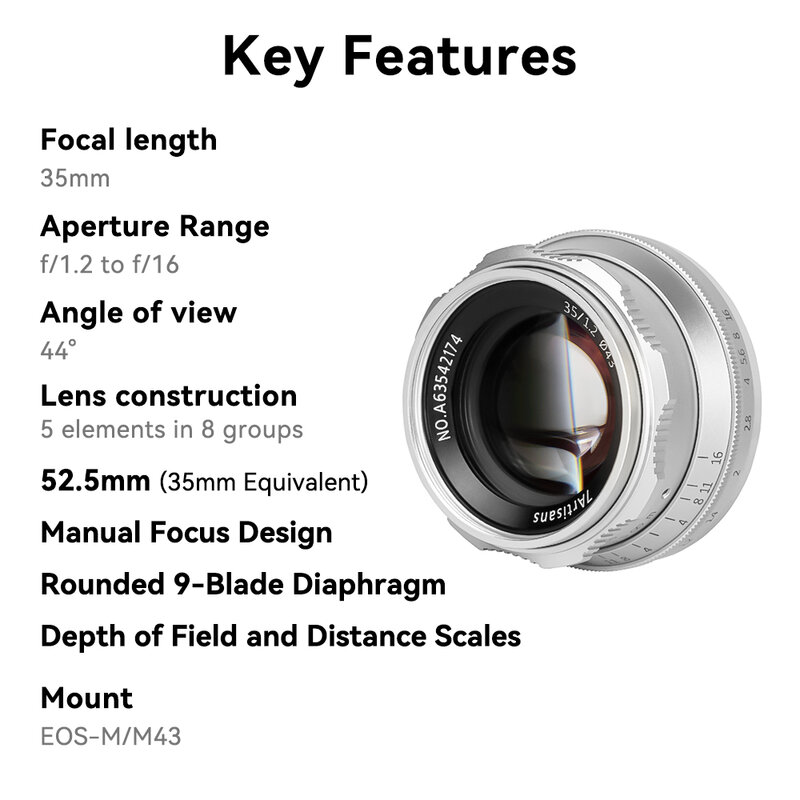 7artisans 7 artisans– objectif 35mm F1.2 MF Prime APS-C pour Canon EOS-M M50, système Micro quatre tiers, sans miroir Argent