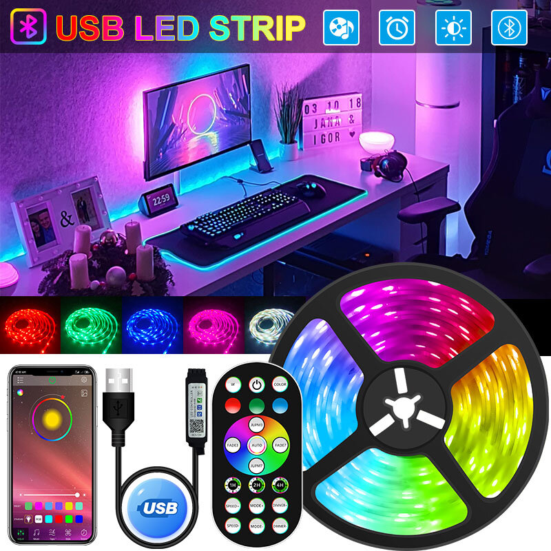 Tira de luces LED con USB, cinta de diodo Flexible para decoración de habitación, TV, retroiluminación, Bluetooth, RGB 5050, 2835, 5V