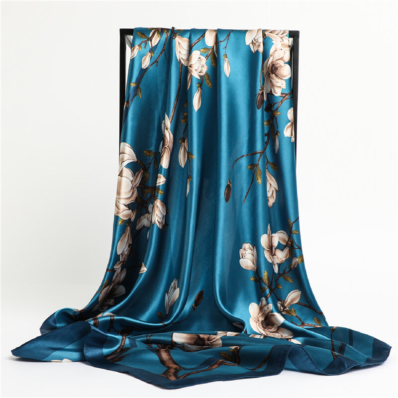 2021 cachecol quadrado de seda com flores, cachecol feminino com estampa de flor, faixa de cabelo para cabeça, foulard hijab