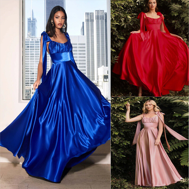 Simple Satin Prom Dress Floor length Sleeveless Fashion Lace up Sexy Backless Carpet Robe Fashion Bridesmaid Party Dresses