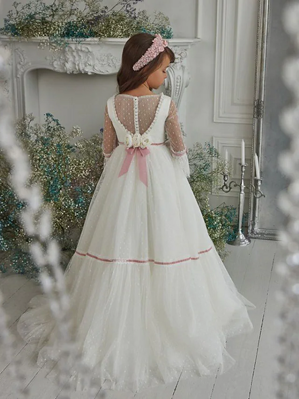 Elegante Weiß A-Line Bodenlangen Blumen Mädchen Kleider Für Hochzeiten Mit Rosa Bogen Geburtstag Party Erste Heilige Kommunion Dressees