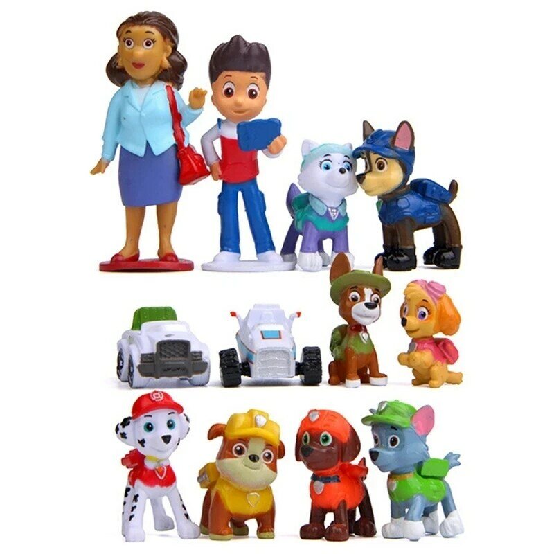 Figurki z kreskówki Psi patrol o wielkości 4-10 cm, zabawki dla dzieci, zestaw postaci z serialu animowanego Paw Patrol, składający się z samochodów, psów, szczeniaków i ludzi, 12 sztuk