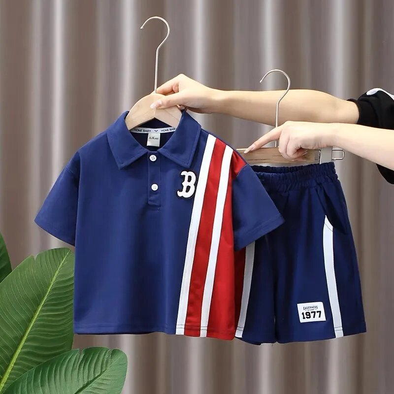 2-9yboys Kurzarm-Set neue schöne Kinder Sportswear Set Jungen Baby Baumwolle Polo-Ausschnitt T-Shirt Shorts 2-teiliges Set
