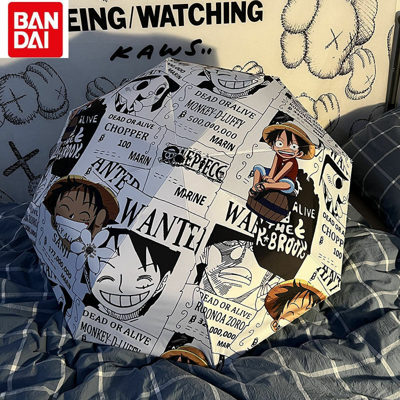Bandai One Piece Umbrella Sunscreen Windproof Sunny Rainy Day Luffy Cartoon Animation Printing Vinyl Travel Folding Umbrella