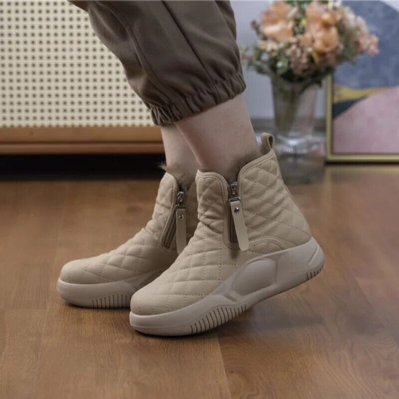 Women Ankle Boots Winter Spring Warm Thick Soled Snow Boots Solid Color Zipper Fleeces Shoes 2023 Height Increasing Plush Shoes