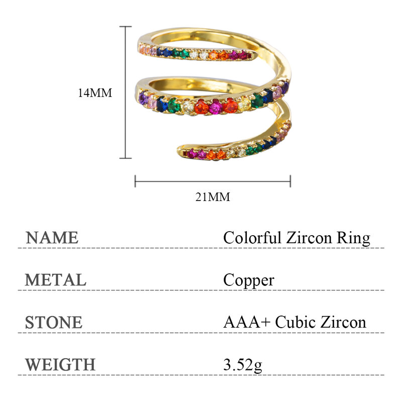 Poulisa geométrico multicolorido cz zircon cor de ouro anéis festa presente charme cz dedo arco-íris zircão colorido abertura anel
