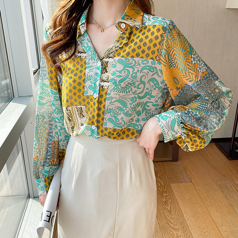 2022 Spring Chic Women Top Floral Pring Long Lantern Sleeve Shirt Women Loose Shirt Chiffon Blouse Camisas Mujer Dropshipping