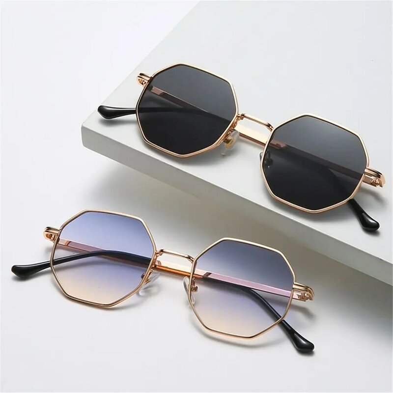 다각형 선글라스 금속 선글라스 작은 프레임 사각형 선글라스, 남성 여성용 UV 보호 음영 안경 패션 액세서리