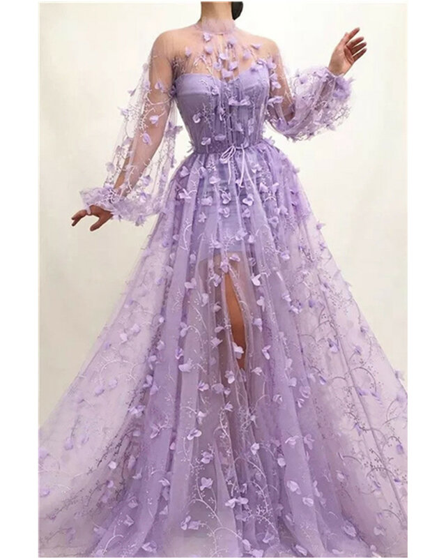 New Fashion Floral Long Sleeve Women Autumn Long Party Dress  Sexy Mesh Tulle Purple Maxi Dress Celebrity Host Party Dress