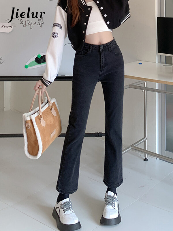Jielur Retro ยีนส์ทรงตรงเกาหลีฤดูใบไม้ร่วงสูงเอวสีดำกางเกงยีนส์ง่ายผอมดินสอ Capri กางเกงผู้หญิง S-XL
