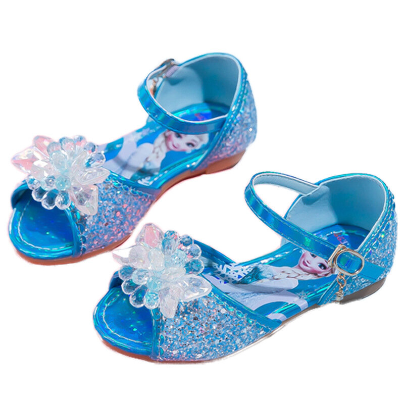 Disney-sandalias de Frozen para niñas, zapatos de tacón plano con boca de pescado, de cristal de princesa Elsa, novedad de verano de 2022