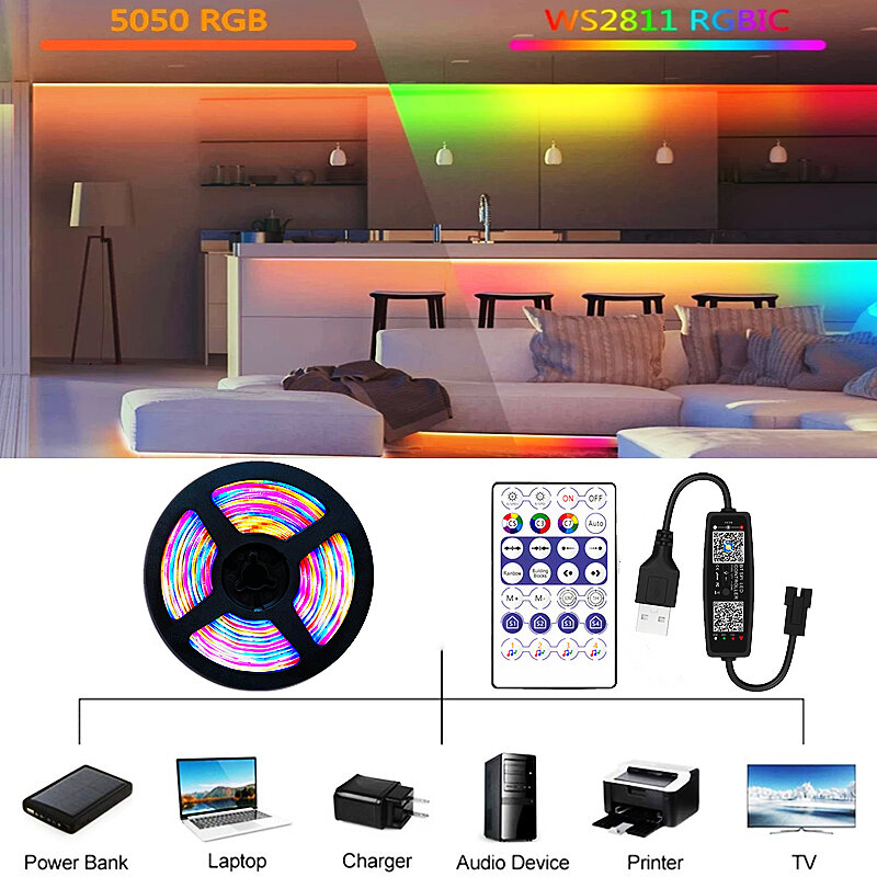 LED 스트립 라이트, WS2812B, 1M-20M, RGB, 5050, DC 5V, USB 스트링, 플렉서블 램프 테이프, 블루투스 컨트롤, TV 백라이트, 홈 파티 장식