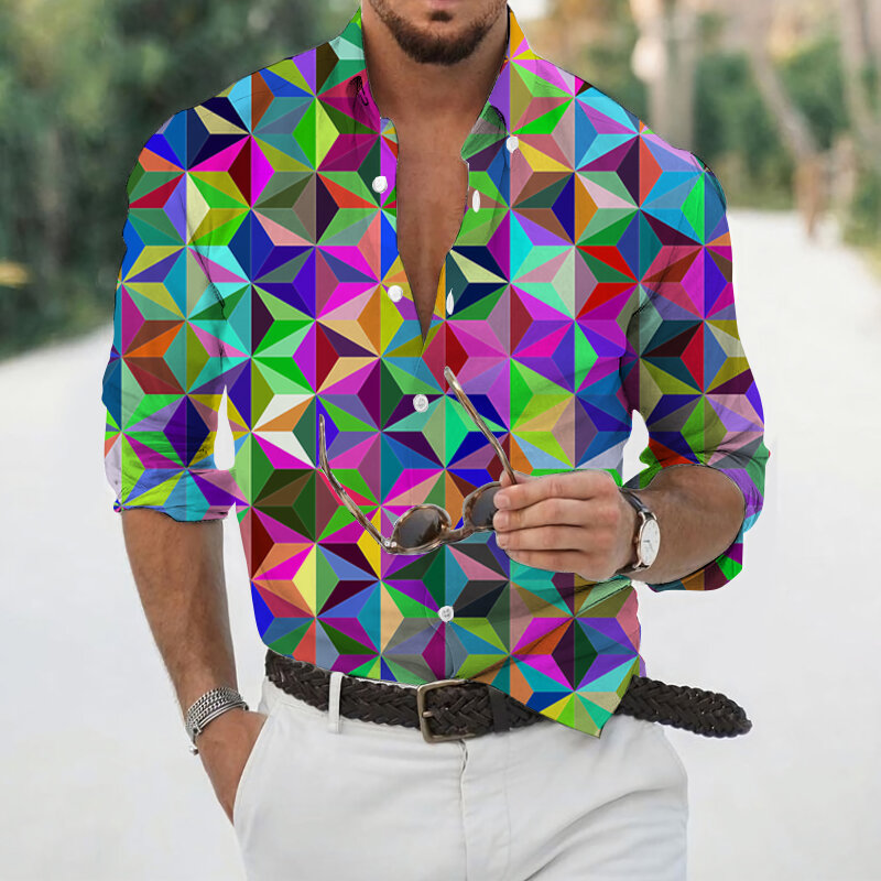 Camicie da uomo primavera autunno stampa digitale geometrica risvolto manica lunga camicia Casual hawaiana allentata S-3XL