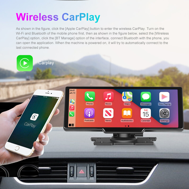 Podofo 9.3" Dash Cam Rearview Camera Wifi Carplay & Android Auto 2K DVR GPS Navigation Video Recorder Dashboard Dual Len DVRs