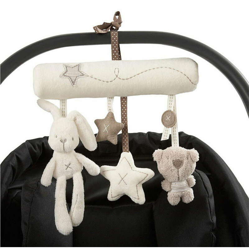 Sonajeros de felpa para cochecito de bebé, juguetes colgantes de estilo de oso de conejo suave, accesorios de cama para muñecas