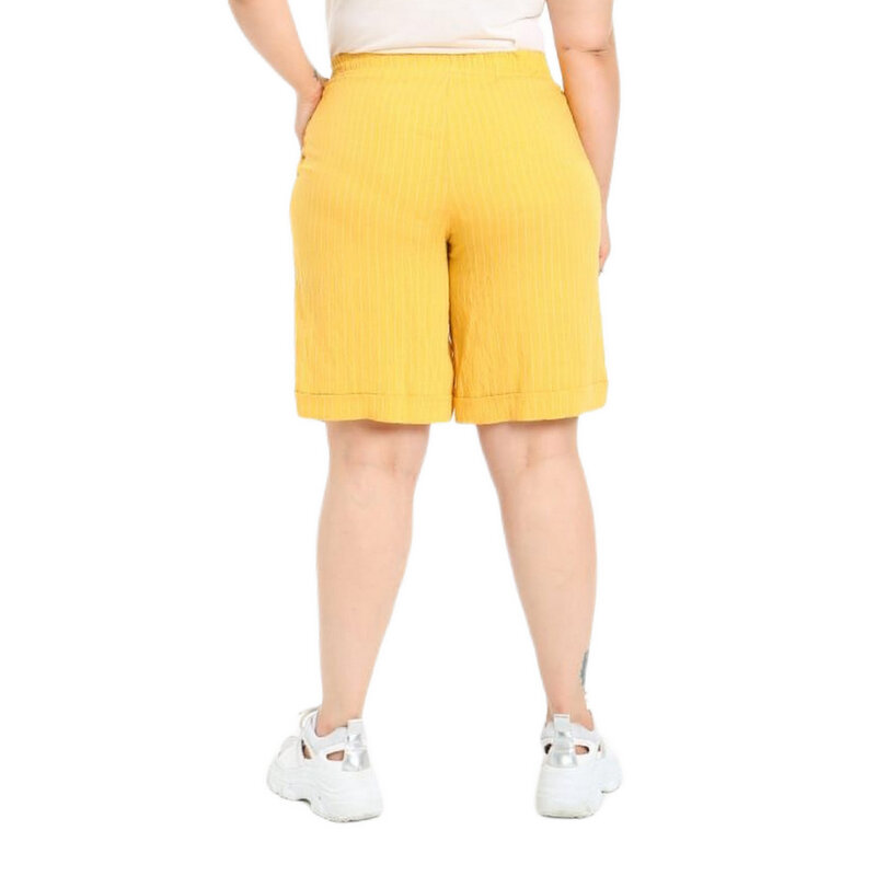 Ftofwomen-pantalones cortos de talla grande, Bk21254, cintura alta elástica, rodilla ancha, lino, bolsillo deportivo a rayas, azul marino, negro, amarillo