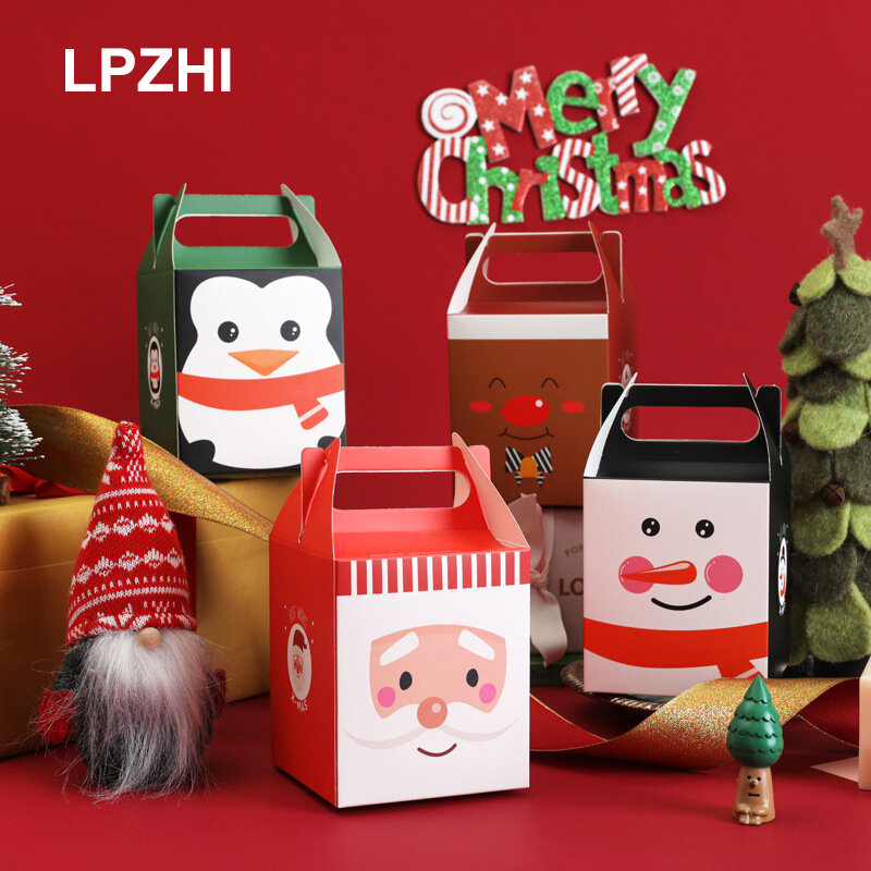 LPZHI-cajas de dulces de Navidad para 20 piezas, con asa, para panadería, recuerdo de fiesta de Navidad, galletas de Chocolate, embalaje de regalo, Papá Noel