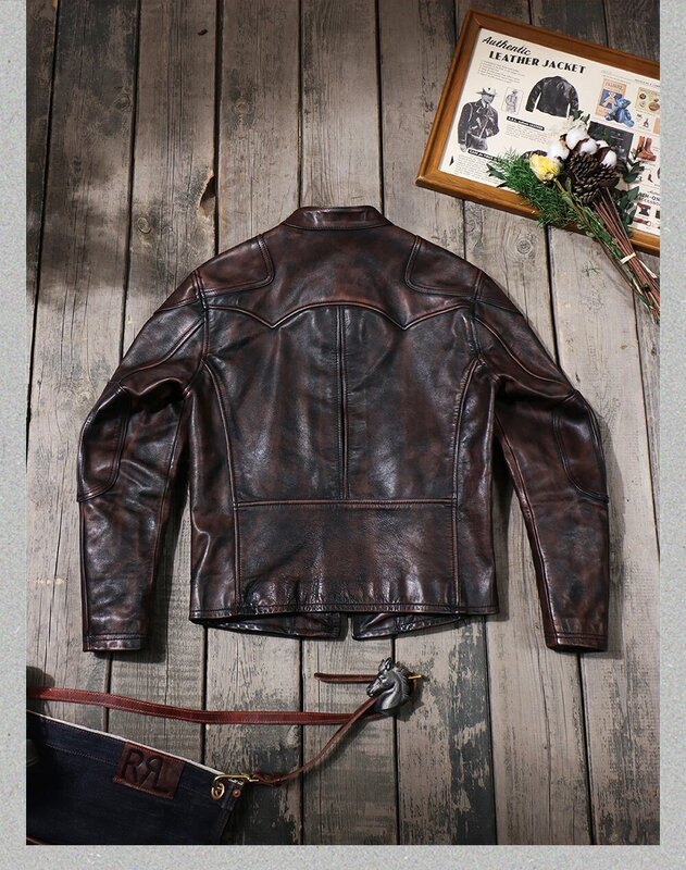Free shipping.Classic Vintage men Origin natural leather jacket.Soft Tea core horsehide coat.Rider leather cloth.Slim fit cool