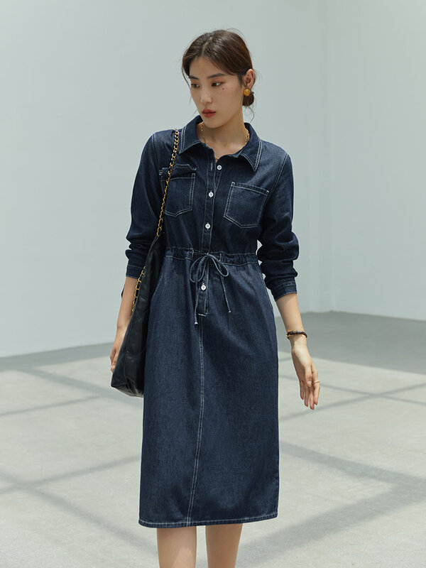 DUSHU Ретро контрастные цвета 100% хлопок тёмное джинсовое платье для женщин винтажное повседневное женское платье-поло с воротником