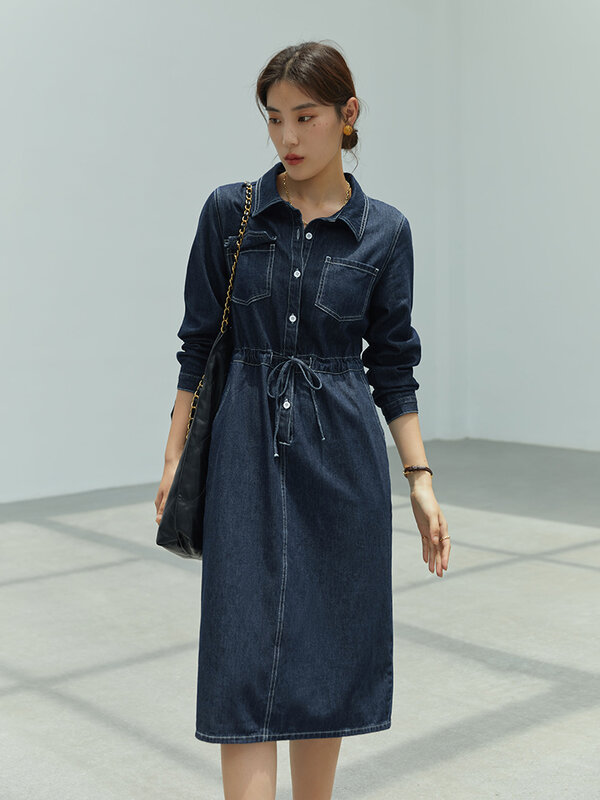 DUSHU Rok Kemeja Denim Wanita, Warna Kontras 100% Katun Gelap Vintage Kasual Kerah Polo Komuter