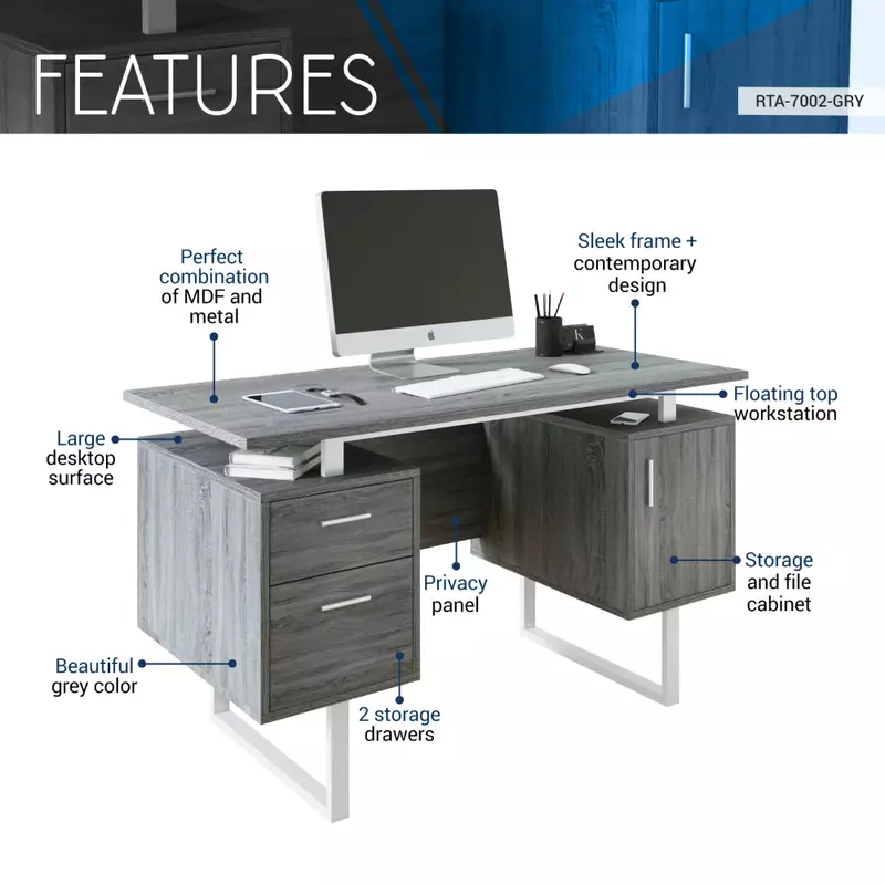 Modern Office Desk with Storage, Grey  Laptop Standing Desk  Desk Table  Furniture  Laptop Table  Study Desk