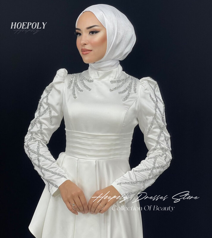 Hoepoly-فساتين سهرة بسيطة للنساء من الساتان ، رقبة عالية ، طول الأرض ، خط ، فساتين حفلة موسيقية ، مسلم ، عربي ، ترتر
