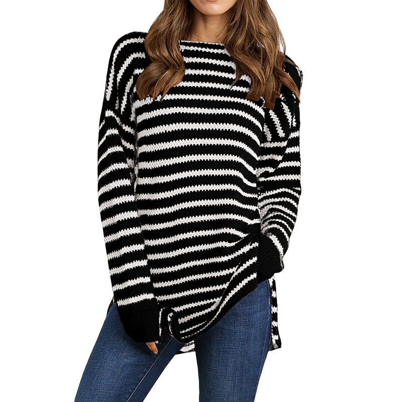 Suéter de rayas blancas y negras de longitud media para mujer, camisa holgada que combina con todo, estilo perezoso, suave y ondulado, Otoño e Invierno