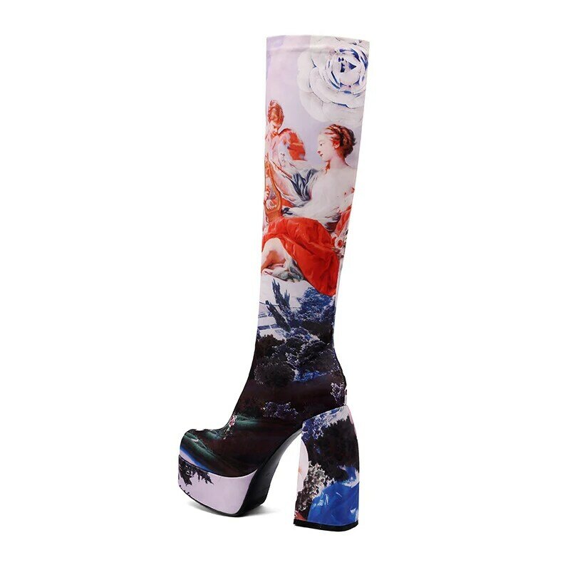 Estilo punk outono inverno elástico microfibra sapatos mulher salto alto preto grosso plataforma joelho longo botas altas