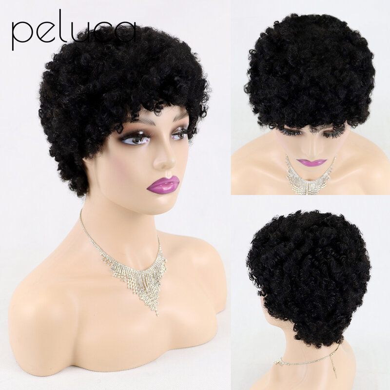 Pelucas de cabello humano Afro rizado para mujeres negras, pelo brasileño, sin pegamento, Remy, hechas a máquina