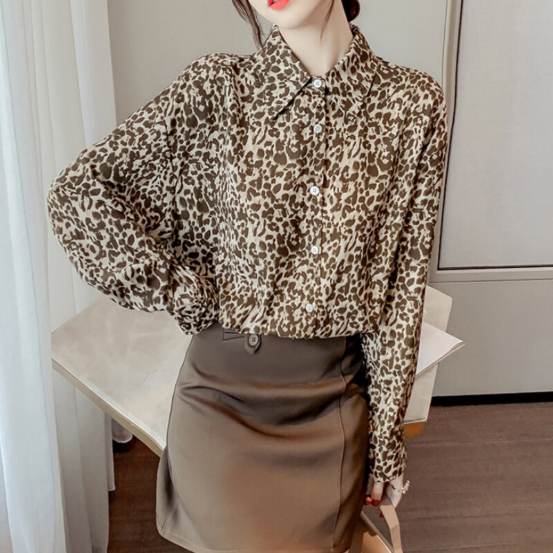 Kemeja Motif Macan Tutul Mode Wanita Kantor Wanita Lengan Panjang Blusas Mujer De Moda Musim Semi Verano Mode Pakaian Wanita Top 80B