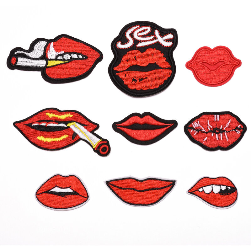 9 Pcs Red Lips สูบบุหรี่ Series สำหรับบนเสื้อผ้าหมวกปักแพทช์กางเกงยีนส์สติกเกอร์เย็บผ้า Patch Applique DIY badge
