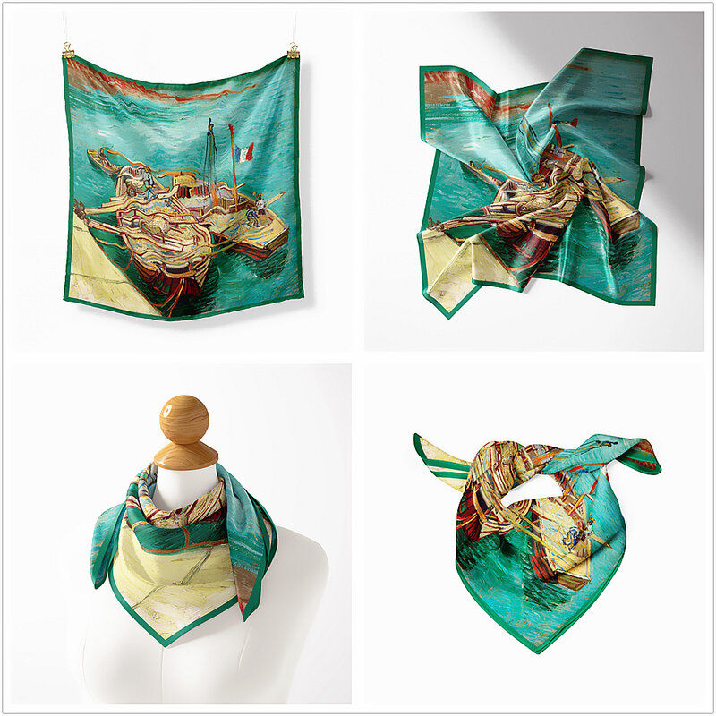 Bufandas cuadradas de seda de lujo para mujer, pañuelo de arena de Van Gogh, pintura de barco, diadema, Hijab, pañuelo musulmán para adultos, 53cm