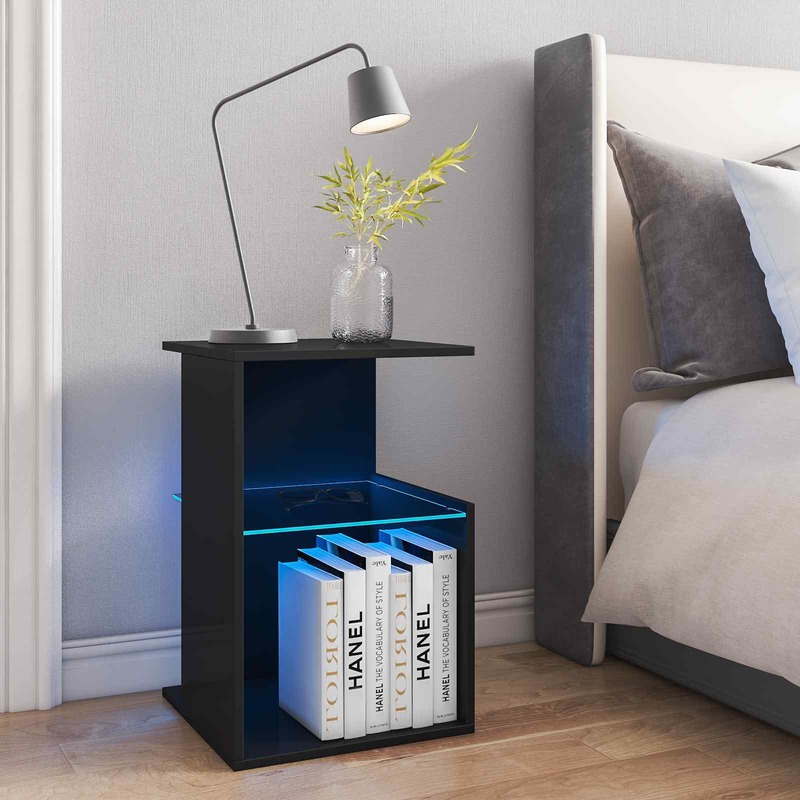Hommpa Led Nightstand Black Night stand with Lights Modern Led Bedside Table with Glass Shelf 3 Layer Simple Led End Side Table