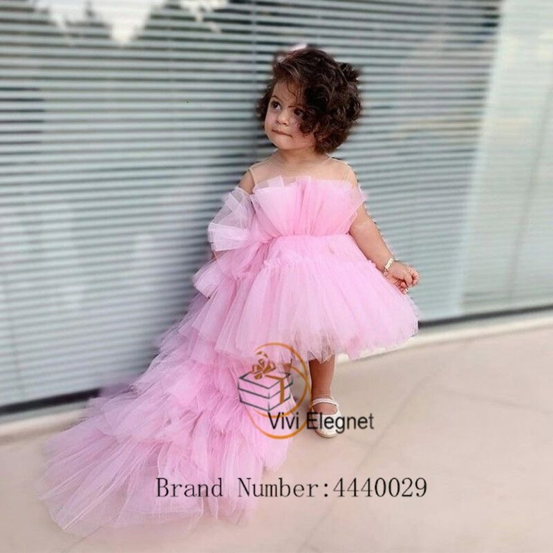 Elegancka różowa sukienki dla dziewczynek kwiatowa bez rękawów do kolan z miękki tiul suknie na przyjęcia weselne 2023 nowych فساتين للحفلات الرا