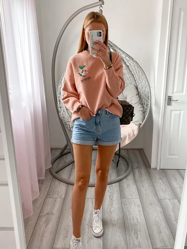 On Sale Harajuku Spring Autumn New Fashion Cartoon Suede Oversize Sweater Long Sleeve O-Neck Women Casual Letter Pullovers C-112