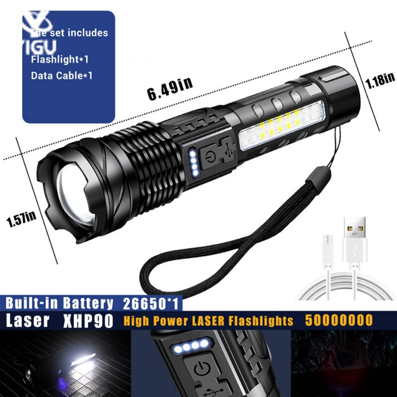 50000000 XHP70 Flashlights Tactical Light Emergency Spotlights Telescopic Jetbeam Light Outdoor Camping T6+Cob Light Flashlight