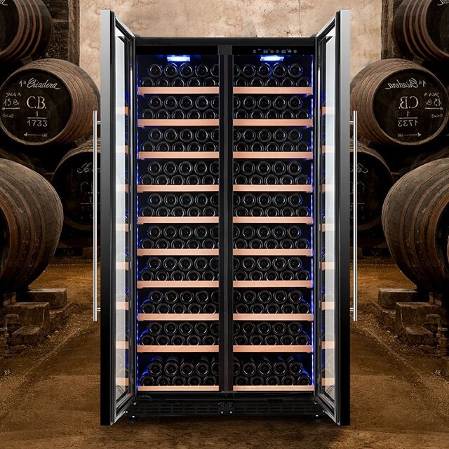 Venda direta da fábrica refrigerador de vinho dupla-zona de madeira exibir armário de vinho com controle de temperatura