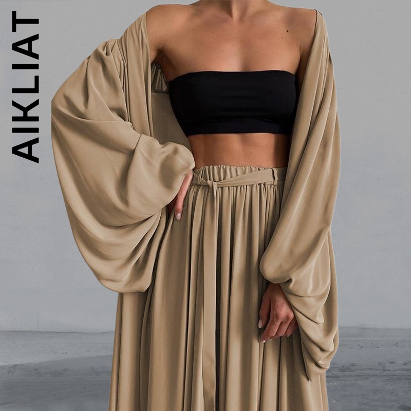 Aikliat – pyjama ample à manches lanternes pour femme, Cardigan, ensemble de 3 pièces, vêtements de maison
