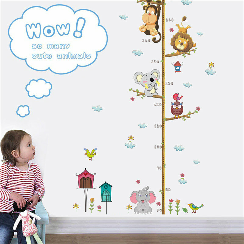 Cartoon Dieren Leeuw Aap Uil Olifant Hoogte Meet Muursticker For Kids Kamers Groei Grafiek Nursery Room Decor Wall Art
