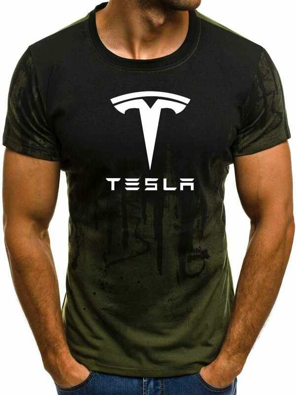 Camiseta de manga corta con Logo de coche Tesla para hombre, camisetas informales de algodón degradado, camisetas de moda Hip Hop Harajuku, camisetas de marca para hombre