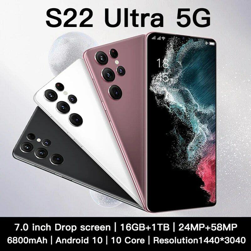 새로운 S22 울트라 5G 스마트 폰 글로벌 버전 폰 7.0 인치 16GB + 1 테라바이트 6800mAh 긴 배터리 수명 58MP 카메라 게임용 휴대 전화