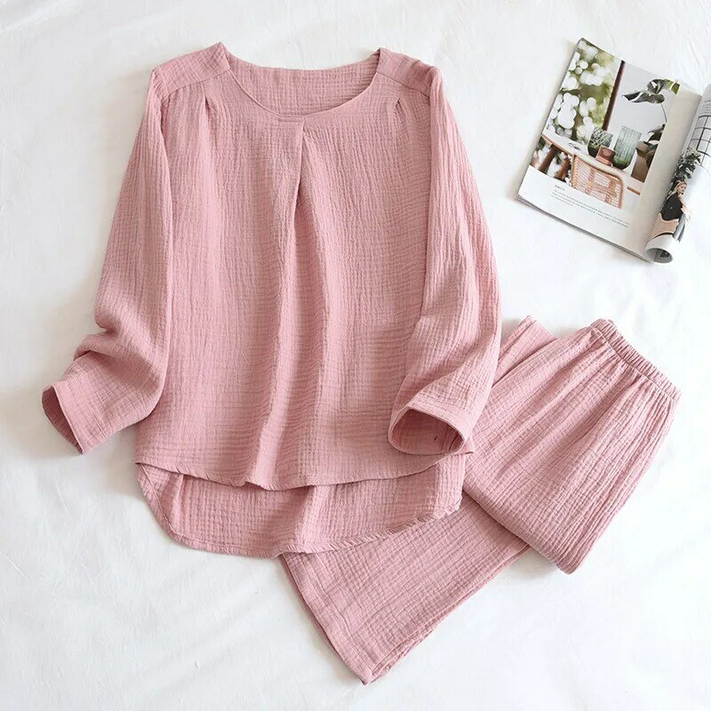 Pijamas Set Women Cotton Pullover Double Gauze Spring/Autumn Thin Collarless Long Sleeve Trousers Korean Crepe Home Clothes Suit