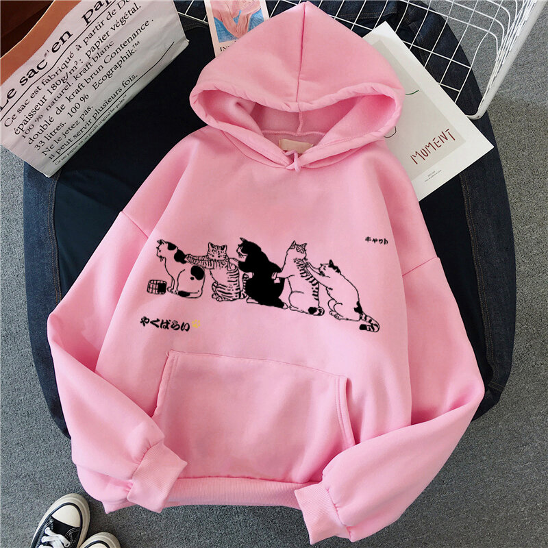 Women's Casual Hoodie Pet Cat Cartoon Printed Long Sleeve Pullover Top New Hooded Casual Loose Jacket Outerwear Couple Wear