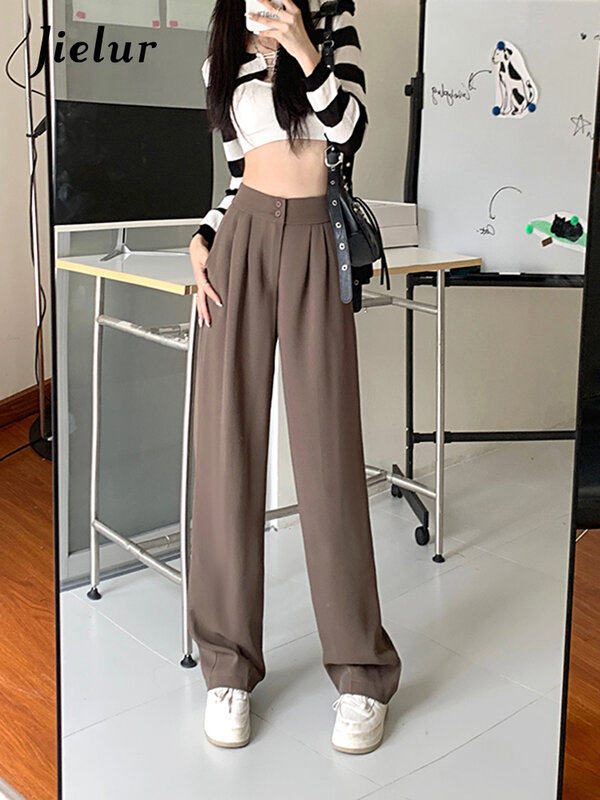Jielur outono solto terno calças moda dois botões ampla perna calças simples preto damasco casual feminino coreano novo S-4XL