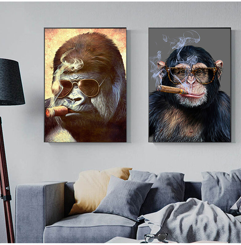 추상 흡연 원숭이와 고릴라 캔버스 회화 포스터, 프린트 스트리트 아트, 동물, 월 아트, 그림, 거실