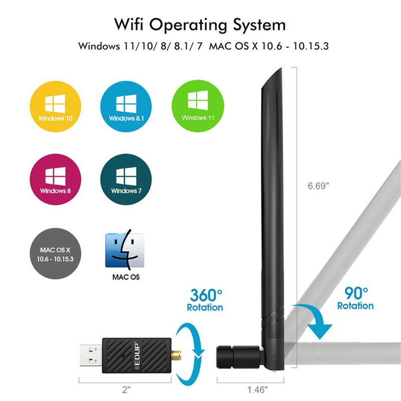 Edup 1200mbps adaptador usb wifi dual band 2.4ghz/5ghz bluetooth 4.1 chipset rtl8822bu 6dbi antena placa de rede wi-fi para pc