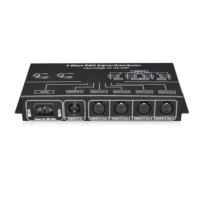 Divisor de amplificador DMX512, repetidor de señal DMX, 4 canales, 4 puertos de salida, distribuidor de señal DMX, entrada de AC100V-240V DMX124