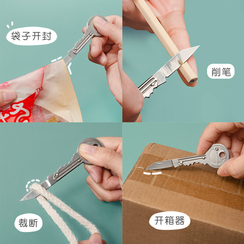 1 Buah Pisau Utilitas Lipat Bentuk Kunci Portabel Mini Perak untuk Kotak Hadiah Kertas Karton Pemotongan Scrapbooking DIY